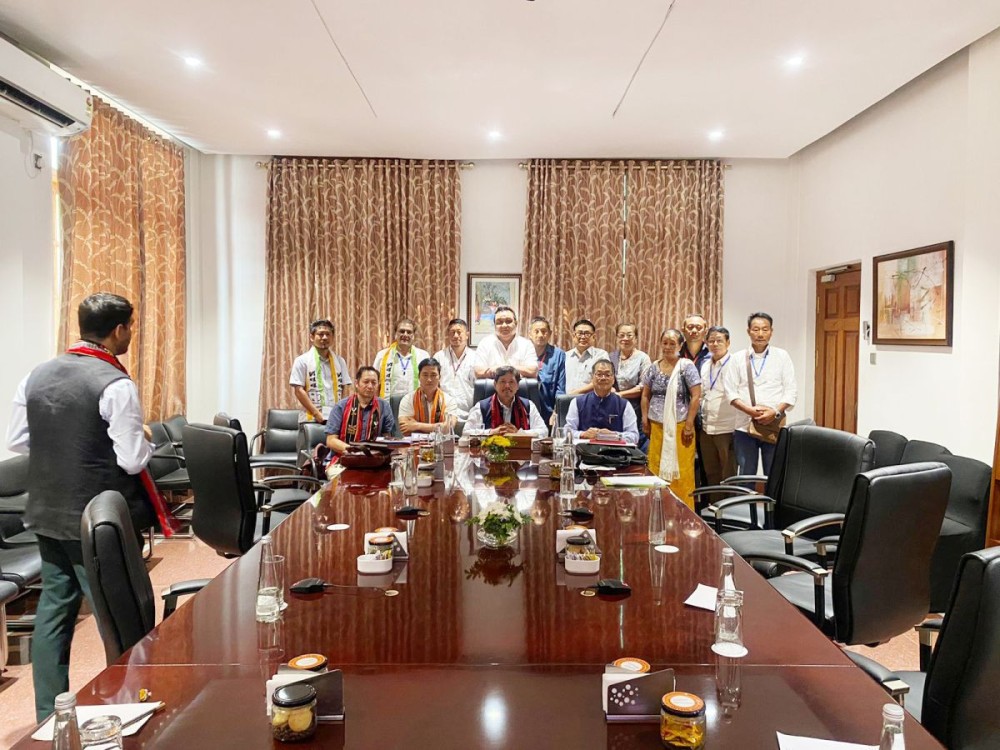 National People’s Party president and Meghalaya Chief Minister Conrad K Sangma with NPP leaders and representatives from Nagaland at Naithu Resort, Dimapur on October 11.